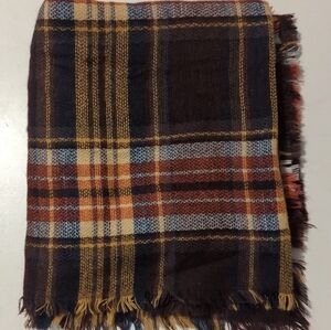 Oversized Blanket Scarf || Dark Brown w/ Yellow, Orange & White Plaid